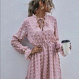 Dusty pink Swiss Dot Tie Neck Ruffle Hem Dress